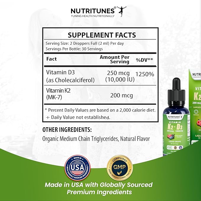 K2 D3 Liquid Drops–Vitamin D3 10,000 IU & Vitamin K2 200 mcg – High-Potency Supplement for Bone, Immune, and Heart Health – Mixed Berry Flavor, Non-GMO, Easy-to-Use – 30 Servings (2oz)