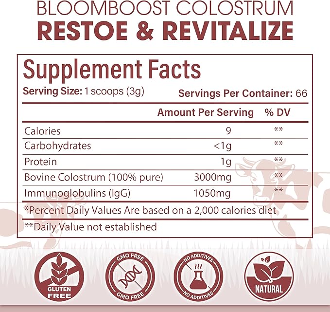 Bovine Colostrum Supplement, 3000mg per Serving, 200 Grams, Gut Health, Brain & Immune Health,Muscle Recovery & Wellness, Grass-Fed Colostrum Powder, Non-GMO, All-Natural