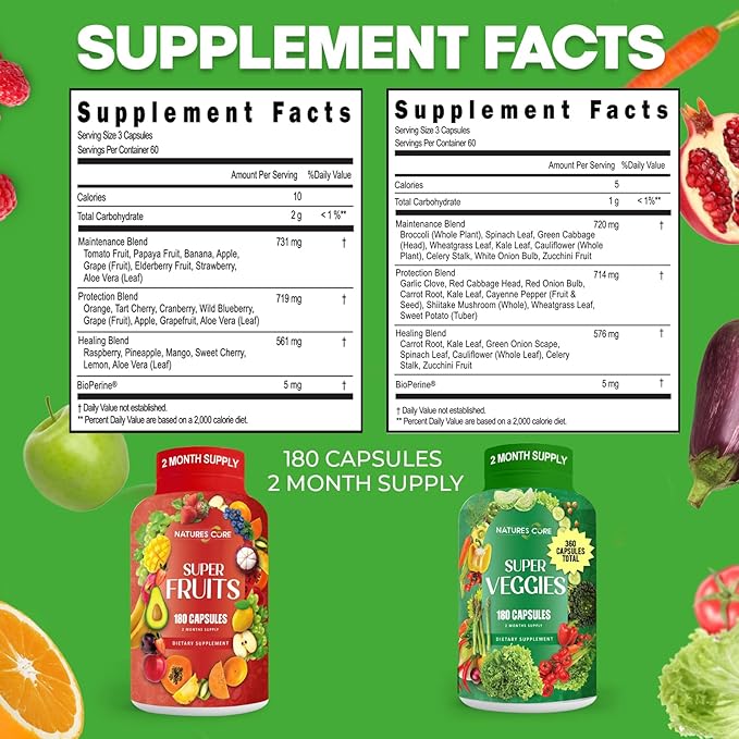Nature's Core Fruit and Veggie Supplement - 360 Capsules -100% Whole Super Fruit and Super Vegetable Supplements & Vitamin, Made in USA, Soy Free, Vegan- (180 Count Pack of 2)