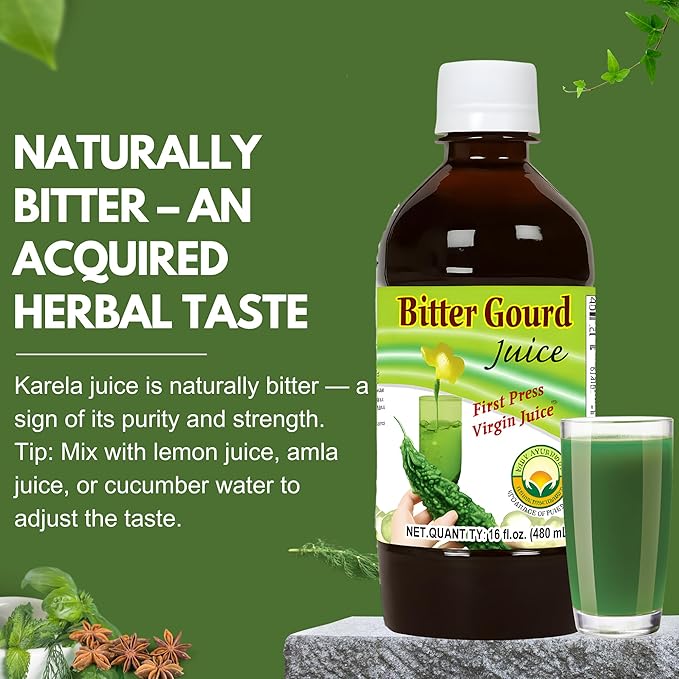 Basic Ayurveda Bitter Gourd Juice (Pack of 2) | 16.23 Fl Oz (480ml) | Pure Karela Juice | No Sugar & Artificial Colors Added