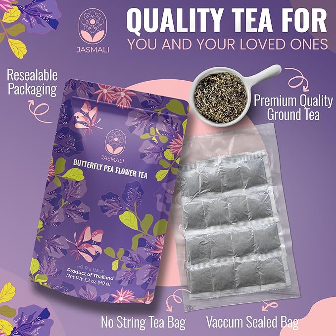 Jasmali Butterfly Pea Flower Tea - 60 Tea Bags, Herbal Tea, Vacuum Sealed for Freshness, Sourced from Thailand, Caffeine Free, Gluten Free, Vegan, Plant-Based, Blue Pea Flower Tea
