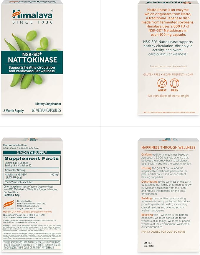 Himalaya NSK-SD Nattokinase, 2000 FU, Dietary Supplement for Healthy Circulation, Vegan, Gluten Free Natto Extract, 100 mg, 60 Capsules Current Value - Himalaya NSK-SD Nattokinase Capsules, 60 CT