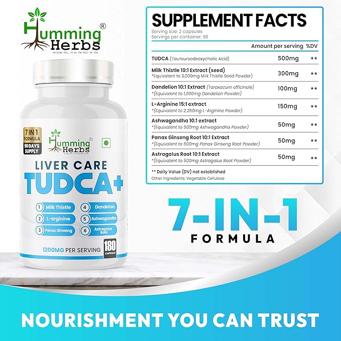TUDCA Supplement 7in1 Complex with Milk Thistle, L-Arginine, Ashwagandha, Dandelion, Astragalus Root – 180 Capsules