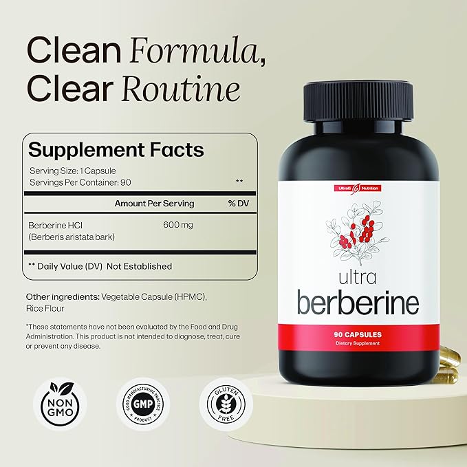 Ultra Berberine Supplement Capsules 600mg (1200mg to 1800mg Daily) – Pure Berberine HCL Supplement to Support Metabolism & Daily Vitality – Vegan, Gluten-Free Diet Supplements (90 Capsules)