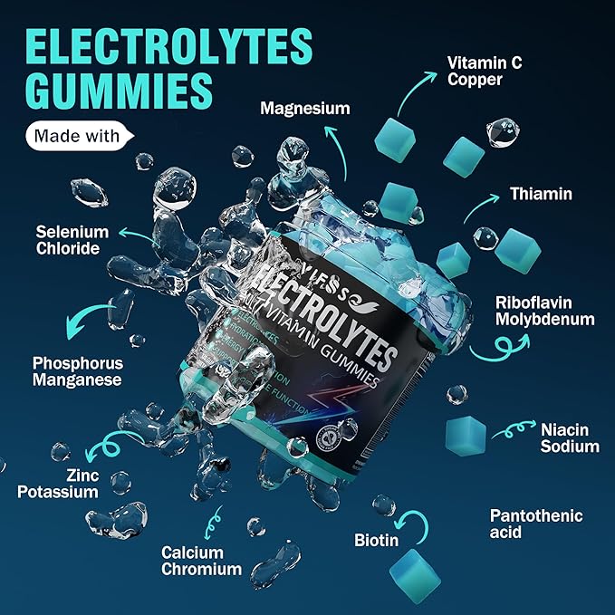 Electrolytes Gummies No Sugar, 120 Chewable Electrolyte Gummies with 6 Electrolytes for Runners and Endurance Sports, Refreshing Blue Raspberry, Hydration Electrolyte Chews, 1 Pack