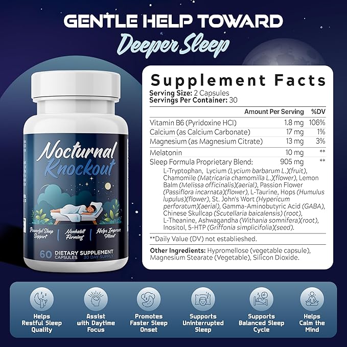 Nocturnal Knockout | 18 in 1 Powerful Sleep Aid for Adults | Non Habit Forming 3rd Party Tested Formula | Magnesium, Melatonin, 5-HTP, Taurine, GABA + 13 More | No Prescription Required - 60 Capsules