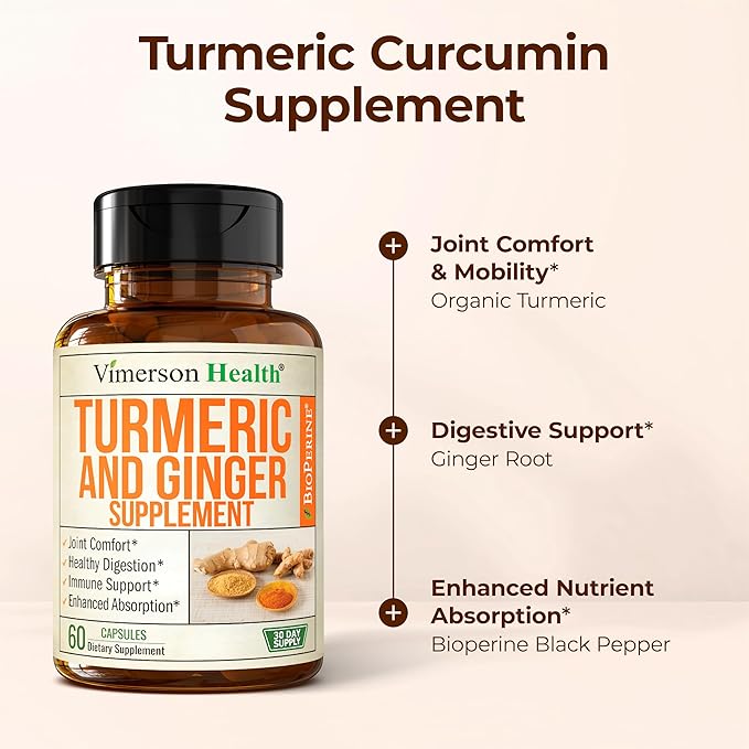 Turmeric Curcumin Supplement with Ginger for Joint Support, Digestive & Gut Health - Contains Organic Turmeric Curcumin with Black Pepper (Bioperine) for Enhanced Absorption - 60 Ginger Root Capsules
