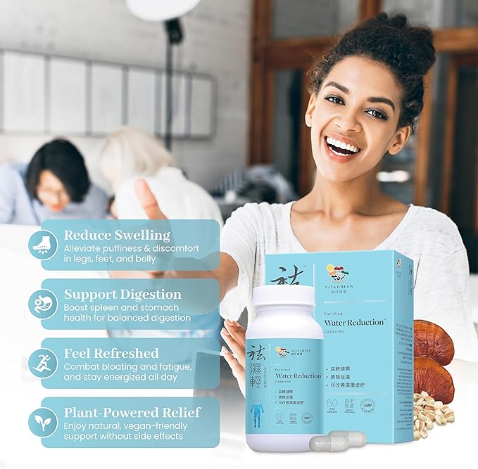 Vita Green Water Reduction Pills – Herbal Formula for Water Retention Management, Swollen Legs & Feet, and Digestive Support – 袪濕輕 Crafted for Spleen & Stomach Wellness – 60 Capsules