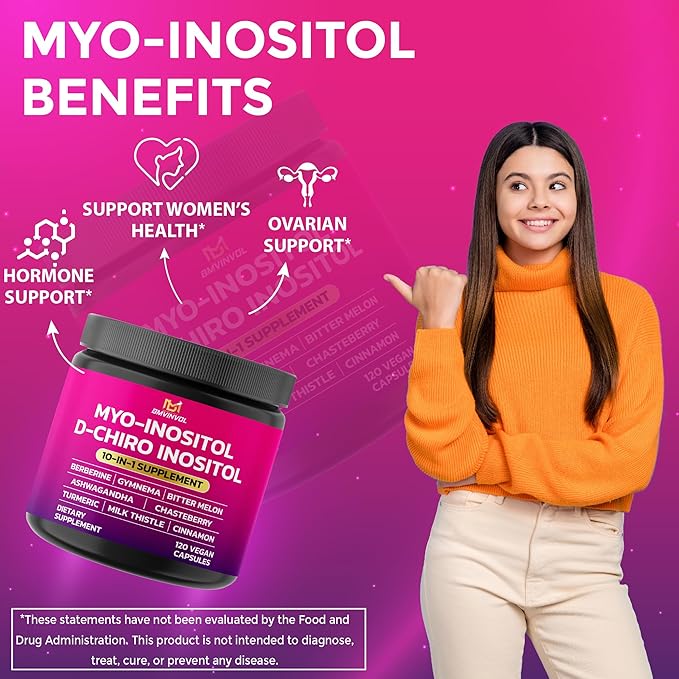 BMVINVOL Inositol Supplement - Myo-Inositol and D-Chiro Inositol Ideal 40:1 Ratio - Plus Berberine, Cinnamon, Ashwagandha + 5 More - 120 Capsules
