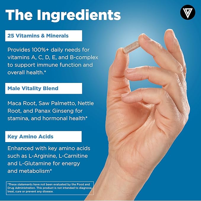 Vital Vitamins Men's Multivitamin Complex - Made with Essential Amino Acids & Maca Root - with Vitamin A, C, E, B6, B12, D3 & Male Performance Blend - Daily Mens Multivitamin - 60 Capsule