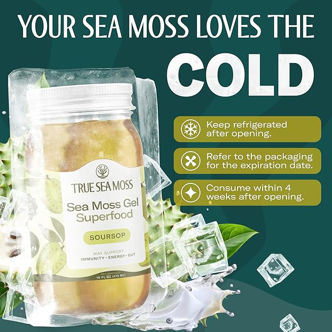 TrueSeaMoss Sea Moss Gel – Made in USA – Wildcrafted Seamoss, Fresh Fruits & Sea Vegetables – Soursop, Pack of 1 (Labels may Vary)
