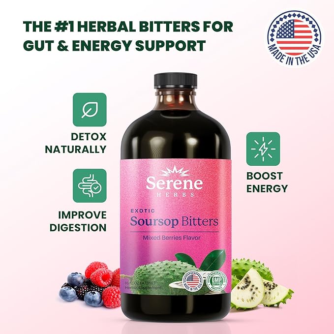 Soursop Bitters Liquid - Organic Herbal Sour Sop Guanabana with Black Seed, Moringa, Irish Moss & Ginger – Gut Support, Energy & Immune Boost – Vegan, Non-GMO – Mixed Berry Flavor – 16 oz
