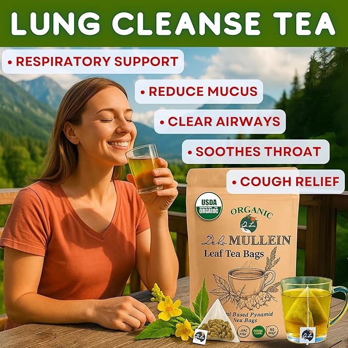 Dr. Lu’s Organic Mullein Leaf Tea | High-Altitude Grown in the Rocky Mountains | Pure Botanical Respiratory Support | 30 x 3g Premium Fill Corn Fiber Pyramid Bags (No Plastic, No Nylon)