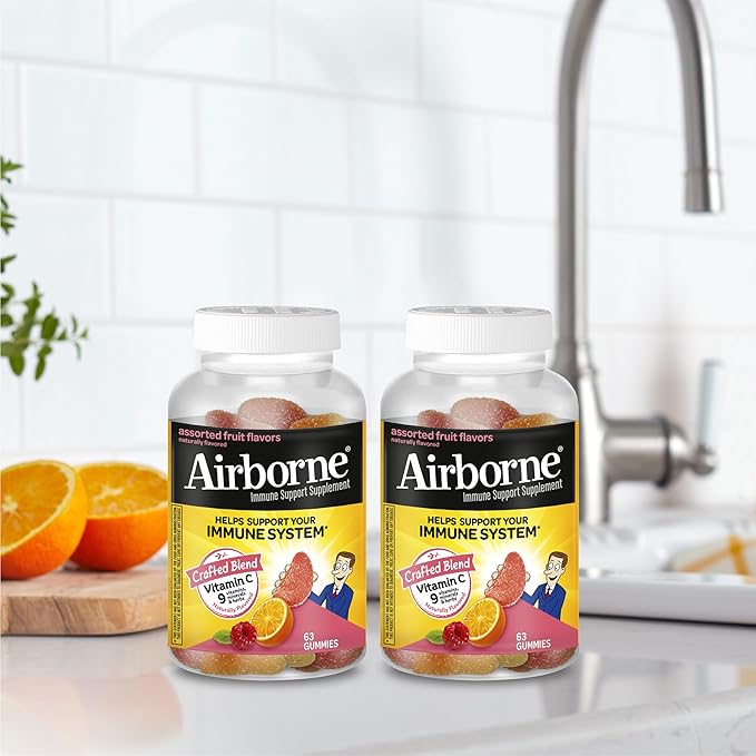 Airborne 750mg Vitamin C Gummies for Adults, Immune Support Gummies with Powerful Antioxidants VIT C & E, Caffeine Free - 2x63ct Bottle (42 Servings), Assorted Fruit Flavor