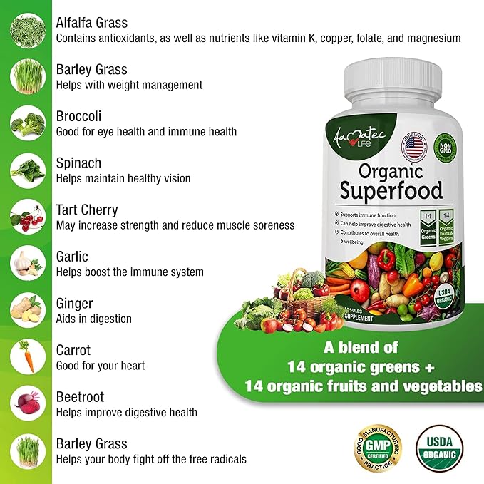 Organic Superfood Greens Fruits and Veggies Complex - Dietary Supplement with 14 Greens &14 Vegetables with Alfalfa Rich in Antioxidants Organic Ingredients Non-GMO (120 Count Pack of 2)