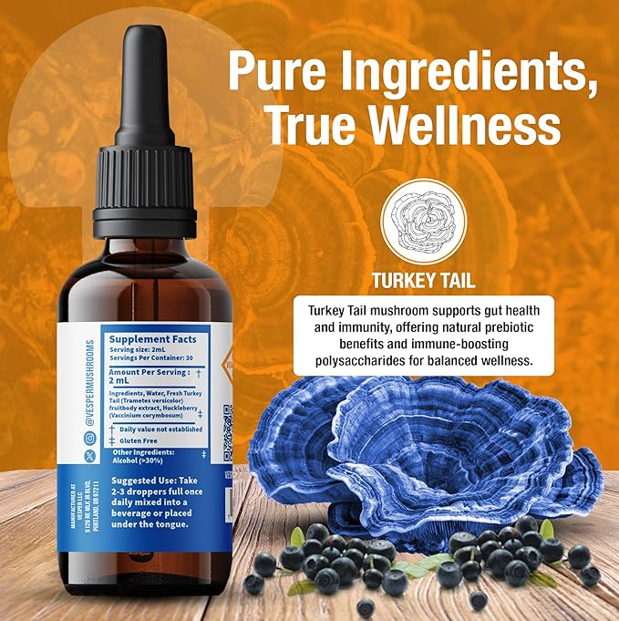 Vesper Turkey Tail Mushroom Liquid Extract - Double Extraction with Wild Huckleberries for Gut Health, Immune Boost, Prebiotic Benefits, USA-Grown, for Digestive & Immune Wellness – 2oz
