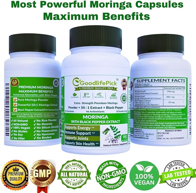 Premium Moringa Capsules with Black Pepper. Moringa Oleifera Powder & 50:1 Moringa Extract for Maximum Benefits 90ct All Natural NonGMO No Rice Powder No Stearate No Silicon Vegan