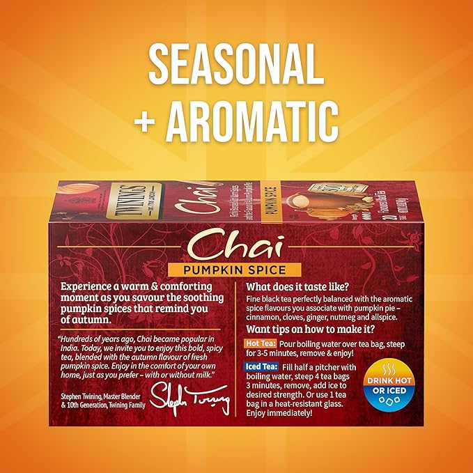 Twinings Pumpkin Spice Chai Black Tea Individually Wrapped Bags | 20 Count (Pack of 6), Warm, Spicy & Aromatic, Caffeinated