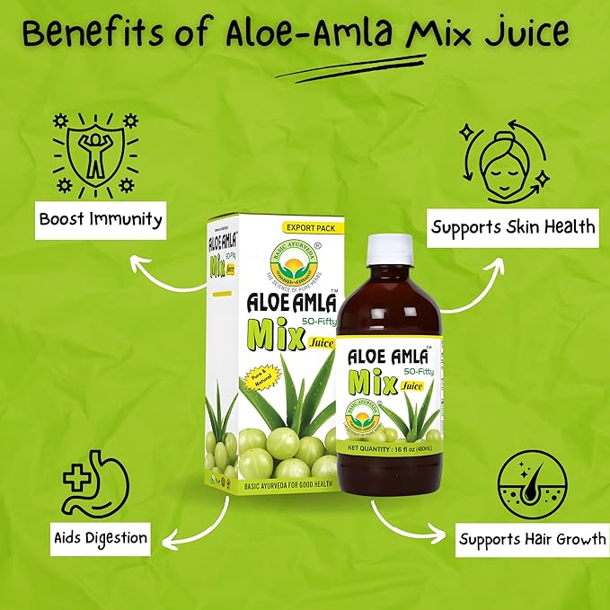 Basic Ayurveda Gooseberry + Aloe Vera Juice – 16.23 Fl Oz (480ml) | 50-Fifty Herbal Mix for Immunity, Digestion & Skin Health | Amla & Aloe Blend | 100% Natural | Daily Ayurvedic Tonic