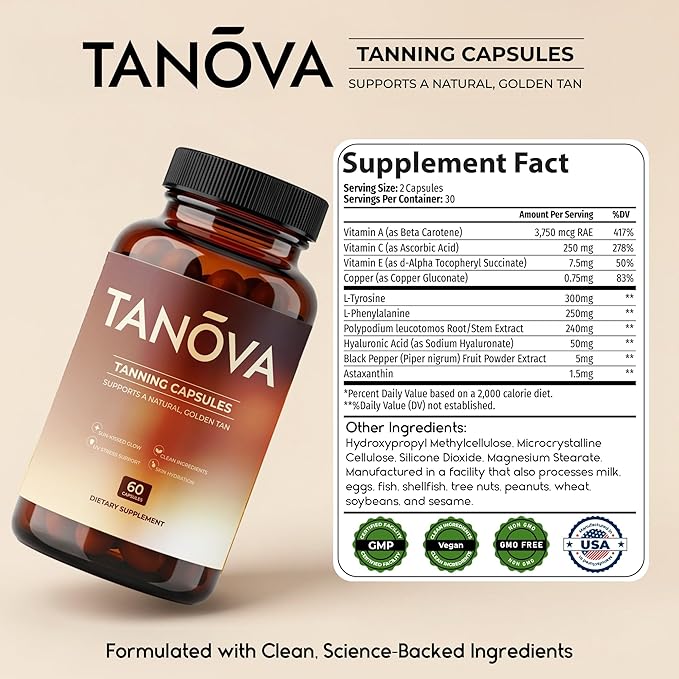 Tanova Tanning Pills – Supports a Natural Golden Glow, Skin Resilience & Anti-Aging Against Sun-Induced Oxidative Stress – with Astaxanthin, L-Tyrosine, Copper & Polypodium Leucotomos – 60 Capsules