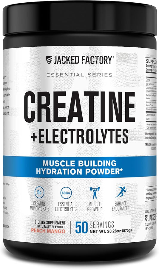 Jacked Factory Creatine + Electrolytes - Creatine Monohydrate with Taurine, Calcium, Sodium, & Potassium to Increase Muscle Growth, Strength, Hydration, & Endurance - 50 Servings, Peach Mango