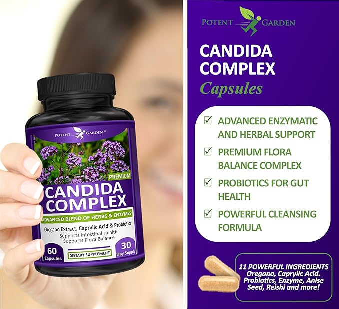 Potent Garden Candida Complex - Oregano and Caprylic Acid Blend, Gut Flora Balance Complex, Intestinal Health & Immune Support with Herbs & Probiotics, Gut Health Supplements for Women & Men 60 Count