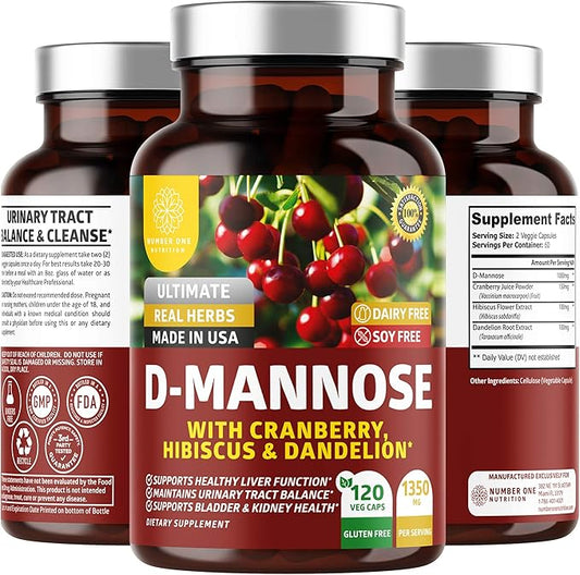 Number One Nutrition Premium D Mannose with Cranberry and Hibiscus [Max Strength, 1350mg] 120 Capsules