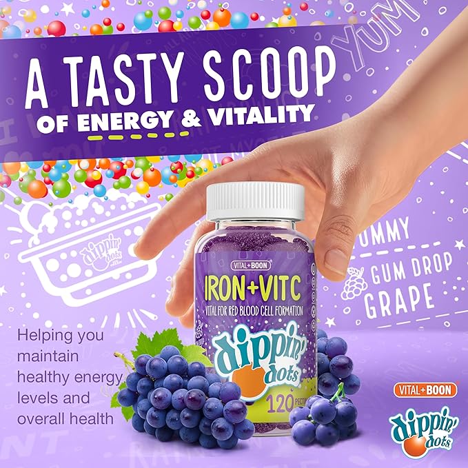Iron with Vitamin C & B12 Gummies (120 Count) Vital for Red Blood Cell Formation | Gum Drop Grape Real Pectin Fruit Chew Supplements | Vegan, Non-GMO, Gluten Free & Gelatin Free