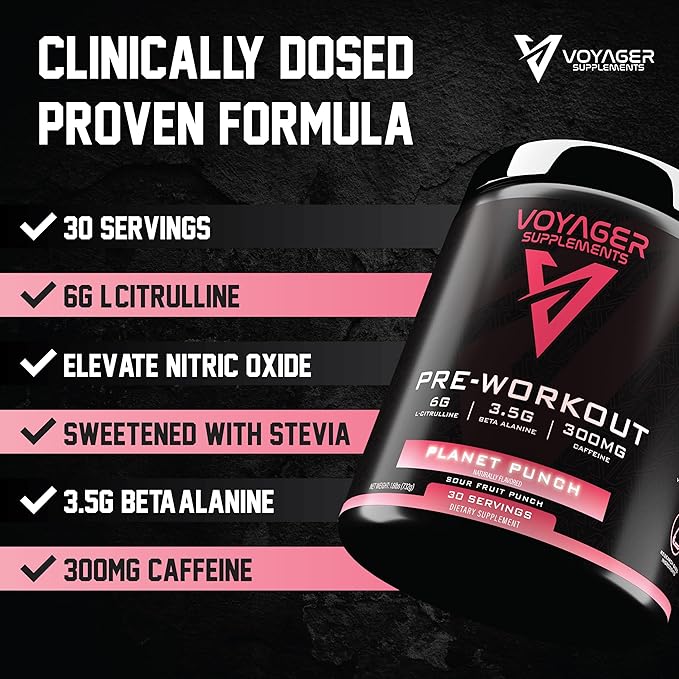Voyager Pre-Workout Planet Punch – Creatine-Free Powder w/L-Citrulline, Beta-Alanine, Caffeine – Supports Energy, Endurance & Focus – 30 Servings – No Artificial Fillers – GMP Certified