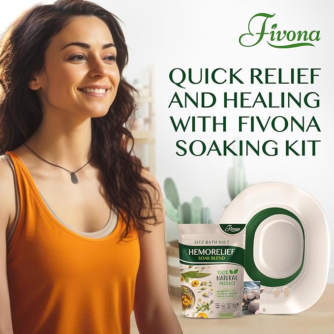 Fivona 2-in-1 Sitz Bath Soak Kit Over The Toilet Seat with Epsom Salt Blend with Essential Oils for Hemorrhoids and Postpartum Care Ideal for Perineal Soaking and Fast Irritation Relief