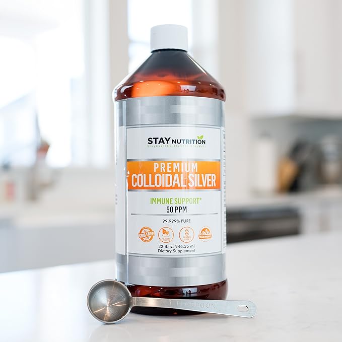 Premium Colloidal Silver Liquid 50PPM | Immune Support True Hydrosol Water Solution with Pure Plant Based Natural Minerals | Bioactive Nanoparticles Sol for Men, Women, Kids, (32 Oz)