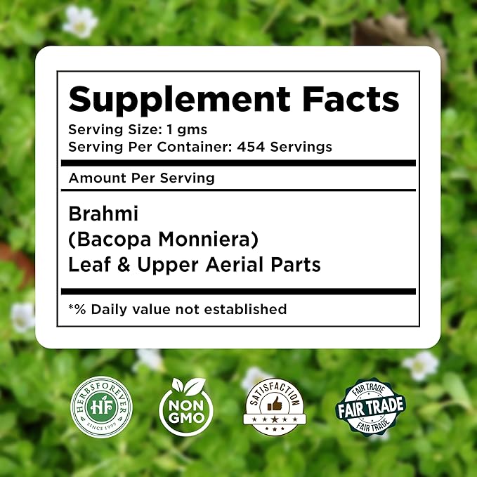 Brahmi Powder I 100% Pure Bacopa Monnieri I Natural Herbal Supplement – Non-GMO, Vegan, Gluten-Free I Supports Wellness – Premium Quality 454 GMS