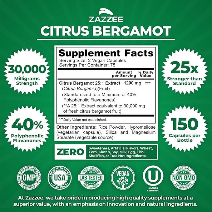 Zazzee Citrus Bergamot 25:1 Extract 1200 mg, 40% Polyphenolic Flavanones, 150 Vegan Capsules, Kosher, Concentrated and Standardized 25X Potency, Non-GMO and All-Natural, Made in The USA