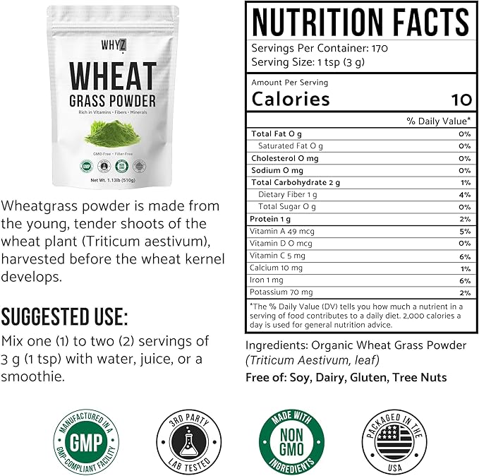 Wheatgrass Powder 100% Pure Whole-Leaf Wheatgrass Powder, Nutrient-Rich Green Wheat Grass Superfood Premium for Smoothies Juices & Wellness Support, Gluten Free Vegan Non-GMO 510g