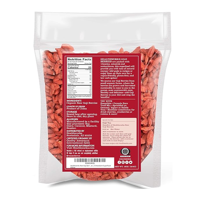 Healthworks Organic Dried Goji Berries - 16oz /1lb - 1 Pack - Vegan and Non-GMO Certified Organic Raw Sun-Dried Goji Berries