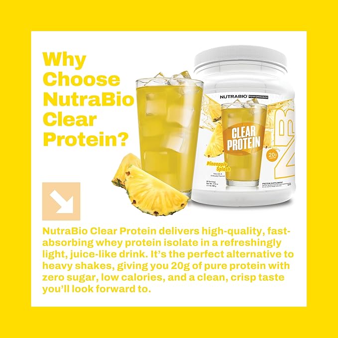 NutraBio Clear Protein Powder, Pineapple Splash - 20 Servings, 20g Clear Whey Protein Isolate, 0 Sugar, 0g Lactose, Refreshing Fruit Flavors, GLP1 Support - Bone Health - Muscle Post Workout Recovery