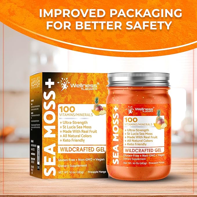 Irish Sea Moss Gel Raw - Wildcrafted Superfood Seamoss Gel - Pineapple Mango Flavor, Vitamin and Mineral-Rich from Pristine Caribbean Waters - 10 oz.