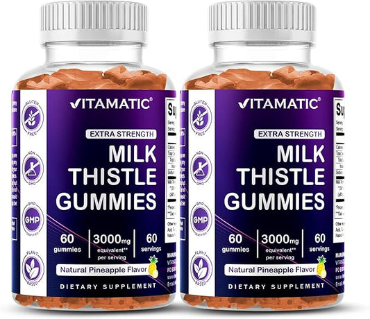 Vitamatic 2 Pack Milk Thistle Gummies- 10000 mg Equivalent Per Serving (from 50:1 Extract 200 mg)- Liver Detox & Anti Oxidant Health - Min. 80% Silymarin Flavonoids - 60 Pectin Based Gummies