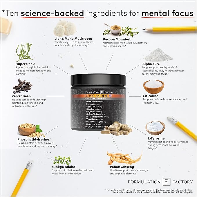 BOSS Mode 10-in-1 Nootropic Cognitive Enhancement Supplement, Focus & Memory Booster, Featuring Lion’s Mane, Bacopa Monnieri, Alpha-GPC, Ginseng & More 240 Capsules (2 Pack)