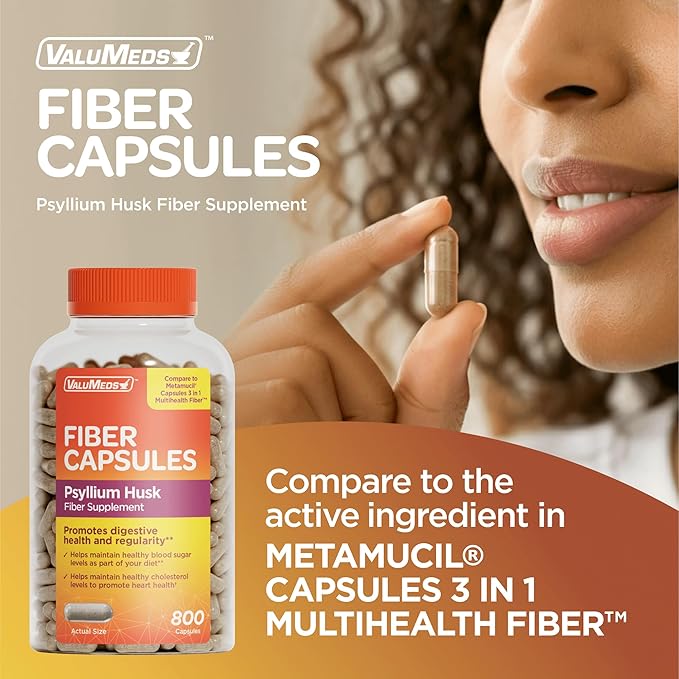 ValuMeds Psyllium Husk Daily Fiber 520mg Capsules Nurtitional Supplement Soluble Dietary Colon Support, Sugar Free for Adults (Men and Women) (800 Count)
