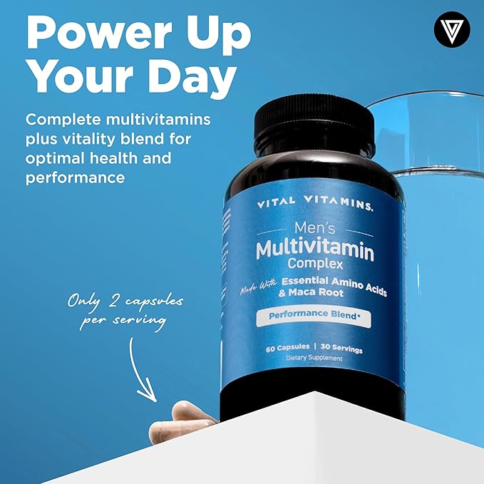 Vital Vitamins Men's Multivitamin Complex - Made with Essential Amino Acids & Maca Root - with Vitamin A, C, E, B6, B12, D3 & Male Performance Blend - Daily Mens Multivitamin - 60 Capsule