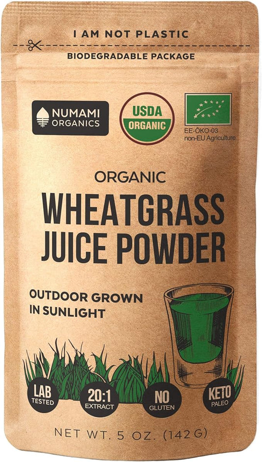 Numami Organic Wheatgrass Juice Powder - 100% Water Soluble, Grown in USA and USDA Certified Organic, 20 Times More Concentrated Than Raw Wheatgrass