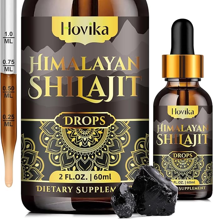 Himalayan Shilajit Resin Liquid Drops, Pure Organic Himalayan Shilajit Resin 600mg with Ayurvedic Blend & 85+ Trace Minerals & Fulvic Acid for Brain Booster & Energy Immune Support, 2 Fl Oz