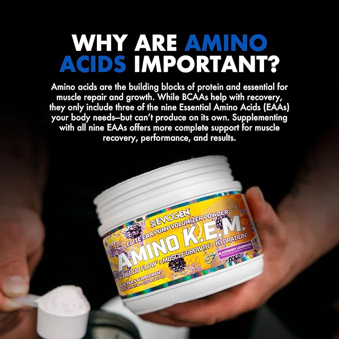 Evogen Amino K.E.M. - EAA & BCAA Powder Pump Volumizer | BCAAs Amino Acids Supplement for Blood Flow, Muscle Growth, & Hydration | BlackBerry Lemonade | 30 Servings