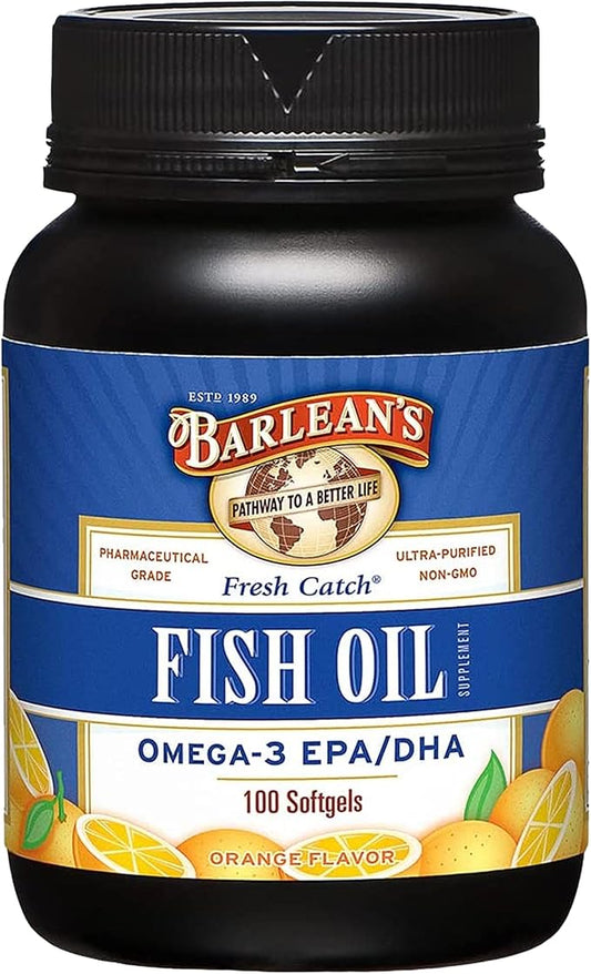 Barlean's Omega 3 Fish Oil Supplements, Supplement Softgels for Men and Women, 600mg EPA and DHA Fatty Acids, Orange Flavored, 100 Count