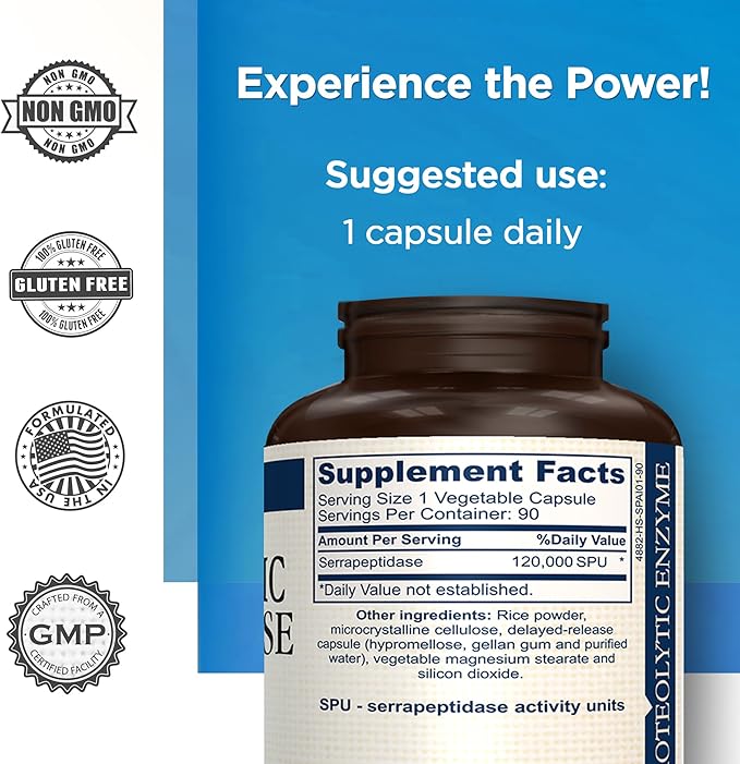 Proteolytic Serrapeptase Enzymes - 120,000 SPU - Supports Circulation, Digestion & Respiratory Health - Supports Sinus & Immune Health - Recovery Boost - Dietary Supplement - 90 Capsules