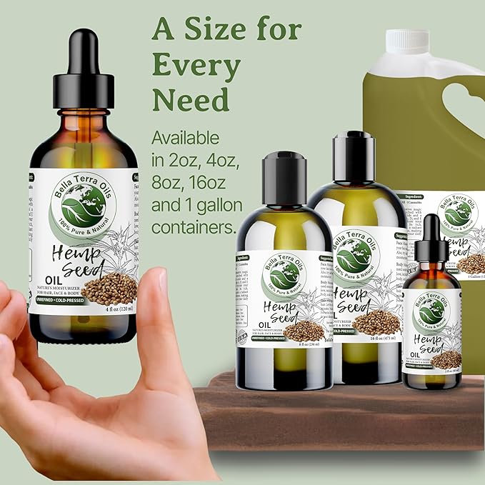 Bella Terra Oils - Hemp Seed Oil 16oz - A Confluence of Iron, Sodium, Phosphorus & Essential Fatty Acids, The True Epitome of Natural Beauty Oils