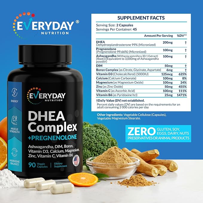 DHEA Micronized 200mg Complex with Pregnenolone 100mg Supplement for Men & Women with Ashwagandha, DIM, Magnesium, Boron, Calcium , Zinc, Vitamin D3, C and B6 Hormone Support - Made in USA 90 Capsules