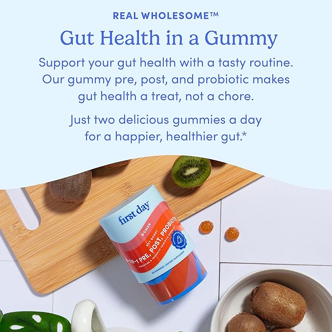 FIRST DAY Womens 3-in-1 Probiotic Gummies – Prebiotic + Probiotic + Postbiotic Supplement – Supports Digestive & Oral Health, Immune Function & Energy Levels – 30-Day Supply