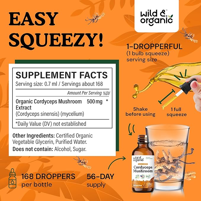 Wild & Organic Cordyceps Tincture - Cordyceps Sinensis Mushroom Extract for Immune & Energy Support - Liquid Mushroom Supplement - Vegan, Sugar & Alcohol-Free Drops - 4 fl oz